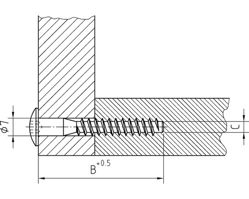 Technische tekening van een schroef in hout met maatgegevens