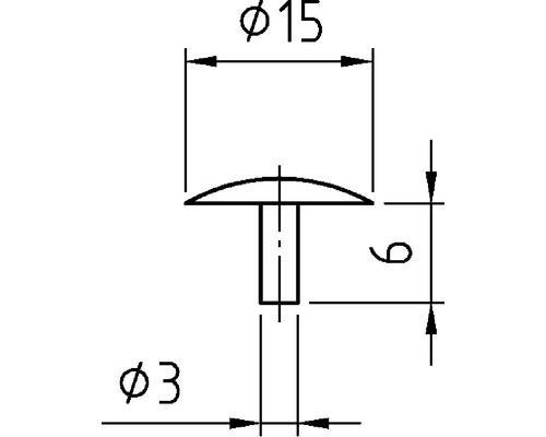 Technische tekening van een nagelstift met de afmetingen 15 millimeter kopdiameter, 3 millimeter stiftdiameter en 9 millimeter stiftlengte