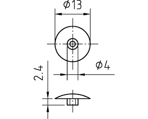 Technische tekening van een meubelglijder met afmetingen van 13 millimeter diameter bovenaan en 4 millimeter diameter onderaan