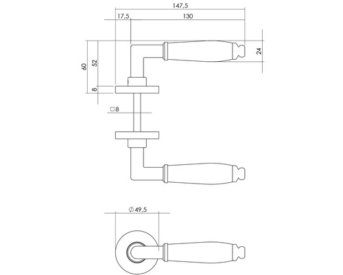 Technische tekening van een deurkruk met afmetingen