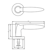 Technische tekening van een deurklink met maatvoering