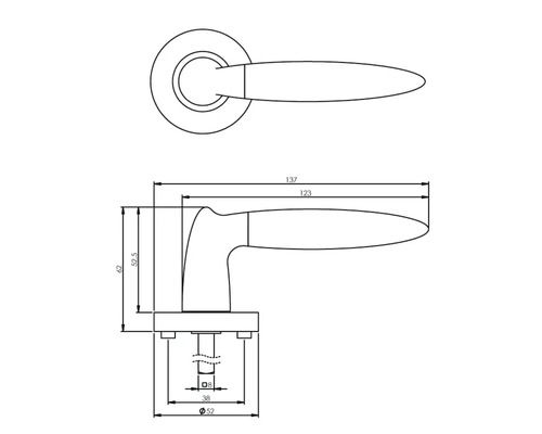 Technische tekening van een deurklink met maatvoering