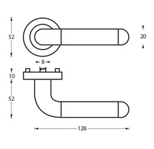 Technische tekening van een deurklink met afmetingen.