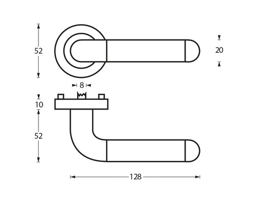 Technische tekening van een deurklink met afmetingen.