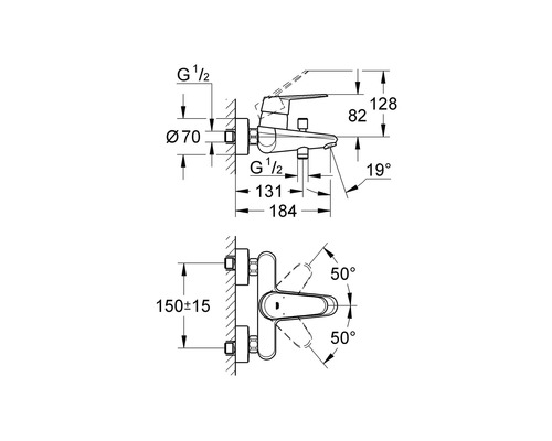 Technische tekening van een kraan met afmetingen