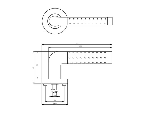 Technische tekening van een deurklink met afmetingen