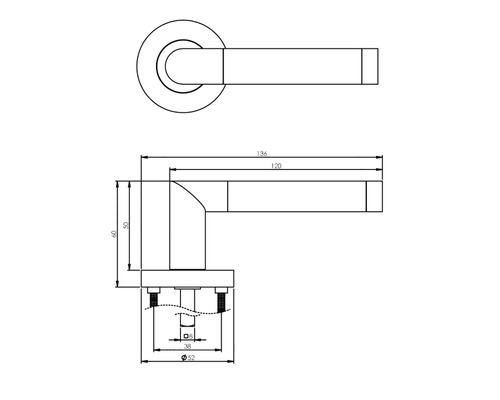 Technische tekening van een deurklink met afmetingen