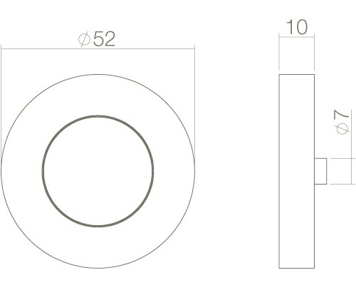 Technische tekening van een rond product met een diameter van 52 millimeter en een dikte van 10 millimeter