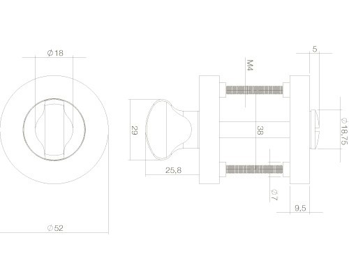 Technische tekening van een deurknop met maatvoering