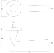 Technische tekening van een deurklink met afmetingen