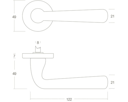 Technische tekening van een deurklink met afmetingen