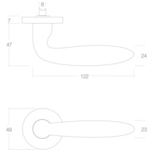 Technische tekening van een deurklink met afmetingen