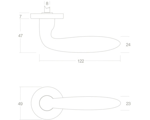 Technische tekening van een deurklink met afmetingen