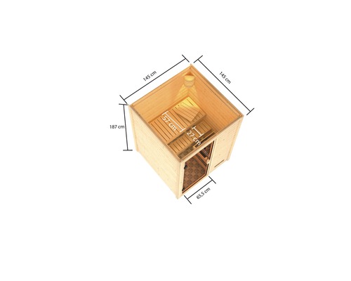 Interieurbeeld van een sauna met afmetingen 145 bij 145 bij 187 centimeter