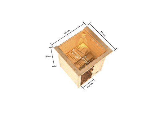 Bovenaanzicht van de houten sauna met afmetingen 173 cm x 173 cm x 191 cm