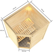 Hoeksauna met afmetingen 145 cm bij 145 cm en een hoogte van 187 cm.