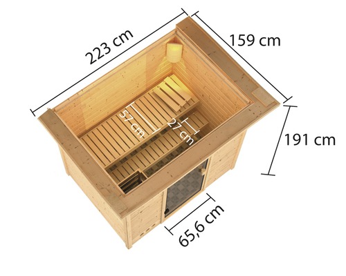 Illustratie van een sauna met maatvoering.