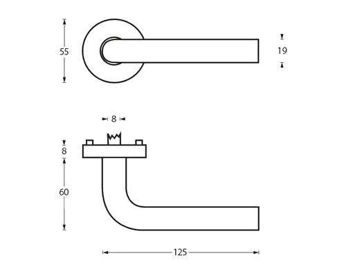 Technische tekening van een deurklink met maatvoering
