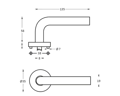 Technische tekening van een deurklink met afmetingen