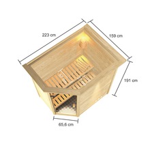 Technische tekening van een sauna met de afmetingen 223 cm, 159 cm, 191 cm, 57 cm, 27 cm en 65,6 cm.
