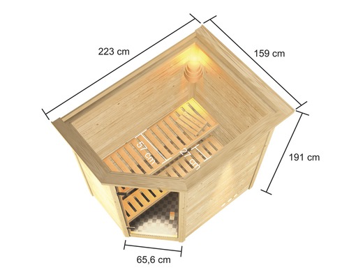 Technische tekening van een sauna met de afmetingen 223 cm, 159 cm, 191 cm, 57 cm, 27 cm en 65,6 cm.