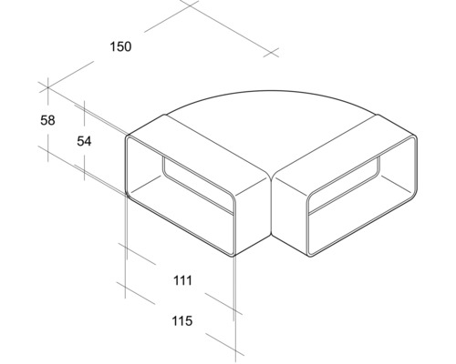 Technische tekening van een hoekstuk met afmetingen