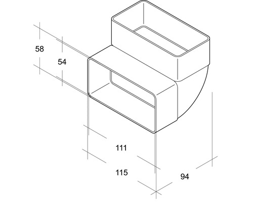 Technische tekening van een T-stuk voor ventilatiekanalen met maatvoering