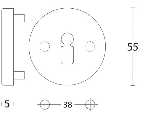 Technische tekening van een deurbeslag met sleutelrozet en afmetingen.
