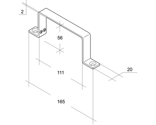 Technische tekening van een relinghouder met de afmetingen 56, 20, 111 en 165.