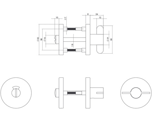 Technische tekening van een deurklink met afmetingen
