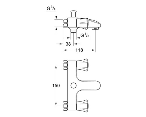 Technische tekening van een badkraan met afmetingen