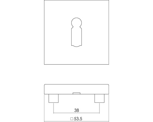Technische tekening van een sleutelgat rozet met afmetingen