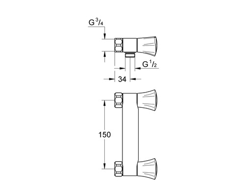 Technische tekening van een radiatoraansluiting met maataanduidingen
