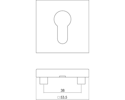Technische tekening van een deurschild met sleutelgat en afmetingen