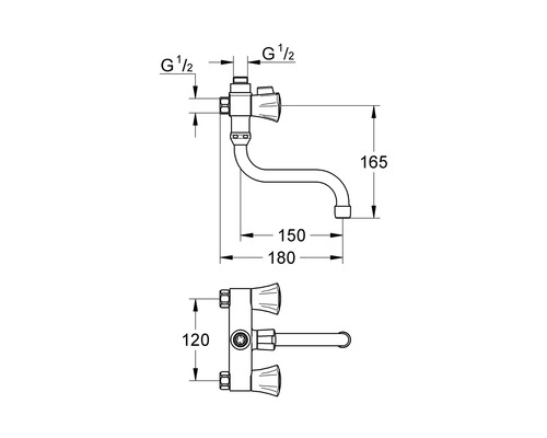 Technische tekening van een keukenkraan met afmetingen.