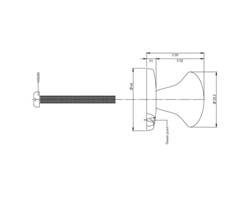Technische tekening van een meubelknop met schroef en afmetingen.
