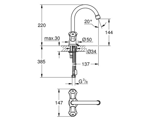 Technische tekening van een keukenkraan met afmetingen.