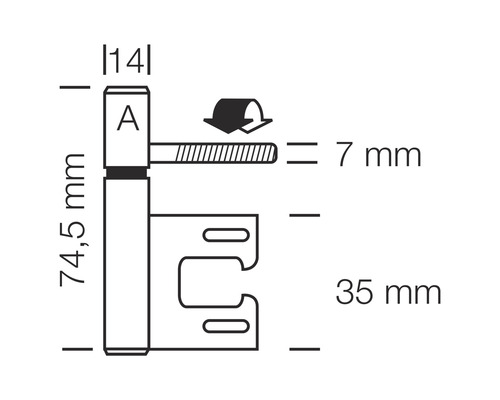 Technische tekening van een deurhengsel met afmetingen.