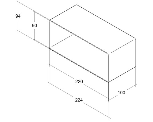 Technische tekening van een rechthoekige behuizing met afmetingen