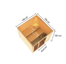 Bovenaanzicht van een sauna met afmetingen