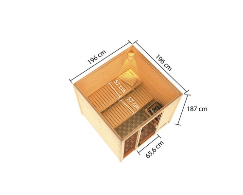 Bovenaanzicht van een sauna met afmetingen