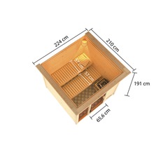 Bovenaanzicht van een sauna met afmetingen: 224 cm lang, 210 cm breed en 191 cm hoog.