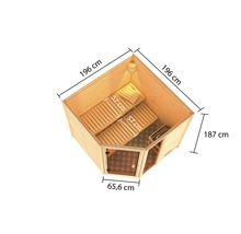 Interieur van een houten sauna met banken en afmetingen