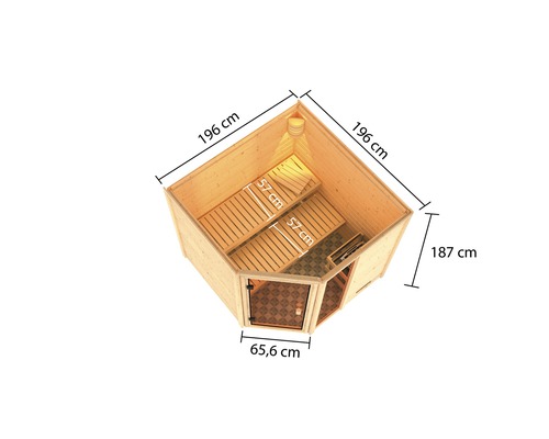 Interieur van een houten sauna met banken en afmetingen