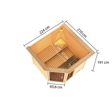 Bovenaanzicht van een houten sauna met maatvoering van hoogte, breedte en diepte
