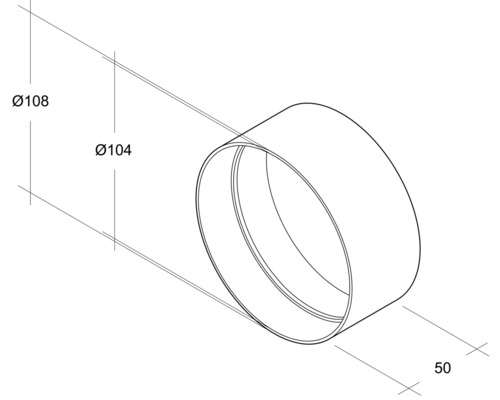 Technische tekening van een buis met afmetingen van 108 millimeter diameter, 104 millimeter binnendiameter en 50 millimeter lengte