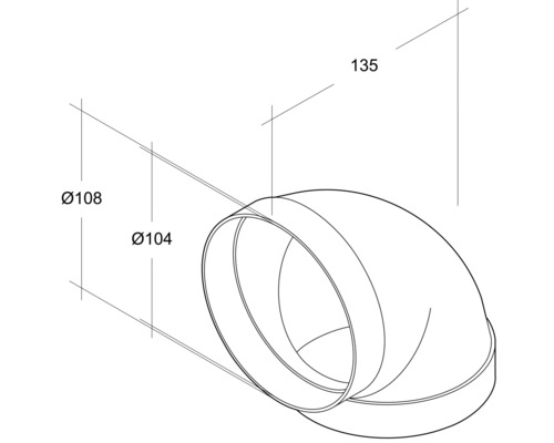 Illustratie van een buisbocht met de afmetingen 108 mm, 104 mm en 135 mm