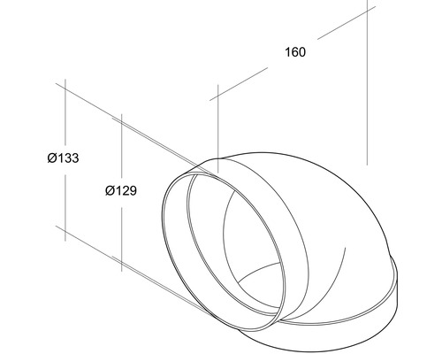 Illustratie van een bocht van 90 graden met afmetingen van 129 millimeter, 133 millimeter en 160 millimeter