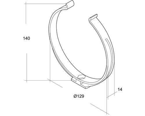 Pijpklem met de afmetingen 140, 129 en 14 millimeter.