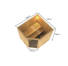 Bovenaanzicht van een houten sauna met banken en glazen voorkant met afmetingen